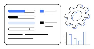 İlerleme çubukları, vites simgesi ve bar grafiği iş akışı yönetimi, üretkenlik, analitik ve teknik ayarları vurguluyor. Organizasyon, planlama, veri izleme stratejisi ve minimalist için ideal