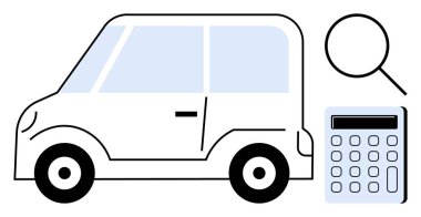 Büyüteç ve hesap makineli arabanın yan görüntüsü araç değerlendirmesi, fiyatlandırma ve sigortayı temsil ediyor. Finans, kredi, araba satışları, bütçe, değer analizi, teftiş için ideal