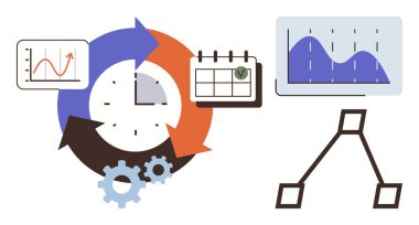 Dairesel okları, grafikleri, takvimi, vitesi ve iş akışı dalları olan saat zaman yönetimini, veri analizini ve işlem optimizasyonunu yansıtır. Üretkenlik ve planlama için ideal takım çalışması akışı