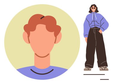 Yuvarlak çerçeveli kızıl saçlı birinin portresi ve büyük boy kapüşonlu, bol pantolonlu ve güneş gözlüklü şık bir şahsiyet. Modern kimlik, stil, moda, bireysellik ve dijital için ideal