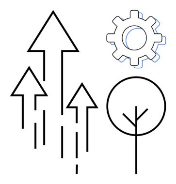 Yukarı ok büyümeyi, teçhizat süreci veya yeniliği simgeler ve ağaç da sürdürülebilirliği temsil eder. Yenilik, büyüme, çevre, otomasyon, takım çalışması planlaması için idealdir. Basit.