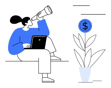 Dizüstü bilgisayarlı bir kadın, teleskoptan para işareti taşıyan bir bitkiye bakıyor. Finans, yatırım, strateji, büyüme, iş planlaması, fırsat hedefleme için ideal. Basit düz