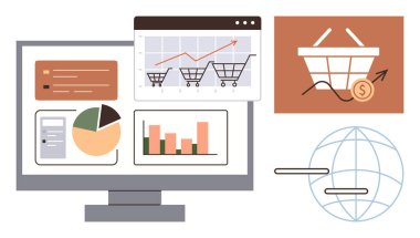 Analiz, grafikler, alışveriş arabası büyüme grafiği ve dünya ikonu olan bilgisayar ekranı. E-ticaret, satış, piyasa araştırması, küresel ticaret, veri izleme çevrimiçi iş ekonomisi büyümesi için ideal