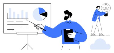 Sunucu tahtadaki veri tablolarını açıklarken, bir başkası yaratıcı fikirler üretiyor. Takım çalışması, iş stratejisi, eğitim, girişimler, yenilik, beyin fırtınası ve liderlik için ideal