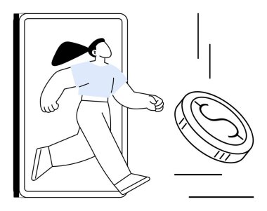 Akıllı telefondan çıkan kadın büyük bir bozuk paraya doğru dinamik bir adımla dijital büyümeyi, fırsatları ve finansal ilerlemeyi simgeliyor. Teknoloji, finans, yatırım, hareketlilik için ideal