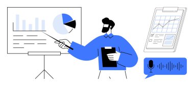 Grafikler, pano raporları ve sesli mesajlar içeren bir grafik üzerinde veri sunan bir adam. Takım çalışması, iş stratejisi, veri analizi, eğitim, eğitim ve uzaktan iletişim için ideal