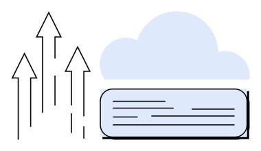 Mavi bulut, yukarı doğru oklar, soyut metin bloğu. Teknoloji, bulut hesaplama, veri depolama, ilerleme, gelecekteki dijital büyüme için ağ oluşturma için idealdir. Minimalist ve basit düz metafor