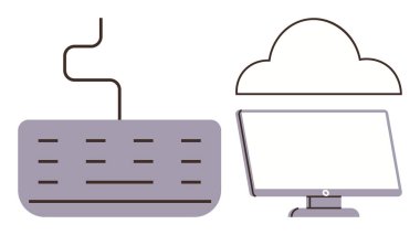 Veri depolama, teknoloji ve uzaktan erişimi temsil eden biçimlendirilmiş bir bulut anahatına bağlı monitör ve klavye. Bulut sistemleri, veri paylaşımı, IT, yazılım, ağ oluşturma, minimalist tasarım için ideal
