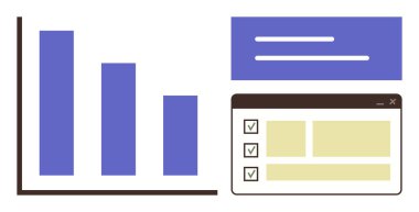 Grafik çubuğu, işaretli kutular ve basit bir arayüz içinde sıralanmış metin alanları. Veri analizi, proje yönetimi, üretkenlik araçları, raporlama, bilgi izleme, iş akışı için ideal