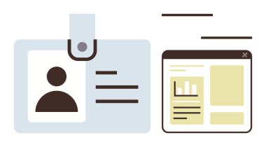 Bir web arayüzünün yanında resim ve metin bulunan kimlik kartı çizelgeleri, mesajları ve düzenleri gösteriyor. Kimlik, veri görselleştirme, teknoloji, kullanıcı erişimi, güvenlik, ağ örgütü için ideal