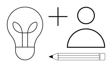 Filizli bir ampul, insan dış hatları, fikirleri vurgulayan kalem, yaratıcılık, üretkenlik, beyin fırtınası, büyüme, yenilik problem çözme işbirliği. Takım çalışması için ideal kişisel eğitim