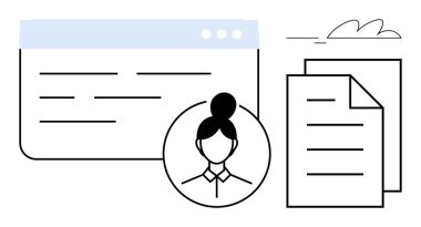 Merkeze yerleştirilen kullanıcı avatarı, bir web sayfası ve belge kağıtlarıyla çevrili. Profil yönetimi, veri organizasyonu, HR araçları, belgeler, kişisel veriler, iş arayüzü için ideal