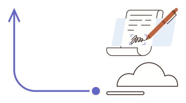 Kalem, bulutlu ve yukarı doğru büyüyen ok sembollü bir belgeyi imzalıyor. Yenilik, ticaret, büyüme, sözleşmeler, teknoloji, üretkenlik ve başarı için ideal. Basit bir düz metaforu temsil eder.