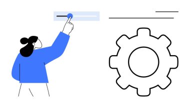 Kullanıcı, geniş bir teçhizat boyunca kaydırma kontrolüyle etkileşime geçerek, konfigürasyonu, kişiselleştirmeyi, optimizasyonu ve sistem ayarlamalarını sembolize eder. Teknoloji, kontrol, UI, UX ayarları için ideal