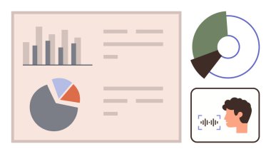 Bar tablosu, pasta grafiği ve yüz tanıma ve ses analizi üstüste gelen veri analizi paneli üzerine metin. İş, teknoloji, yapay zeka, iletişim, araştırma, veri eğitimi için ideal