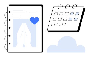 Dua günlüğü, dua eden eller, mavi kalp sembolü, spiral takvim ve bulut ikonu. Maneviyat, farkındalık, planlama, organizasyon, minnettarlık, inanç için ideal.