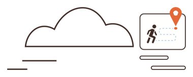 Navigasyon yolu turuncu lokasyona çıkan bir bulut simgesi. Teknoloji, seyahat, navigasyon, bulut hesaplama, seyahat planlama, veri paylaşımı, geleceksel tasarım için idealdir. Basit düz metafor
