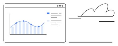 Veri noktaları, bar tablosu ve menü simgeleriyle birlikte arka planda bulut eşleştirilmiş web arayüzü çizelgesi. Analiz, araştırma, bulut hesaplama, teknoloji, strateji ve iş için ideal