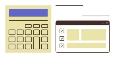 Sayısal tuş takımlı hesap makinesi ve kontrol kutuları ve bölümleri olan tarayıcı penceresi. Üretim, finans, planlama, organizasyon, iş akışı, görev yönetimi için ideal, basit düz metafor