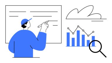 Güvertede yazan kişi, büyüteçle bar ve çizgi çizelgelerini analiz ediyor. Veri sunumu, iş planlaması, mali analiz, eğitim, strateji, takım çalışması ve büyüme ölçümleri için ideal