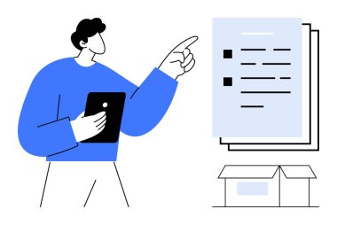 Kilit görevlerle listeyi analiz eden, tableti tutan önceliklere işaret eden, istiflenmiş belgeler, aşağıdaki kutular. Görev yönetimi, üretkenlik, nakliyat, planlama iş akışı için ideal