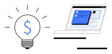 Üzerinde dolar işareti olan ampul dizüstü bilgisayarın yanında yapılandırılmış tasarımı gösteren fikirler yayıyordu. Yenilik, finans, dijital strateji, teknolojik çözümler, yaratıcılık, çevrimiçi ticaret için ideal