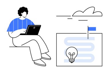 Yaratıcı bir hedef yolunun yanında dizüstü bilgisayarda çalışan biri. Ampul ve bayrak da var. Yenilik, planlama, strateji, yaratıcılık, problem çözme, kişisel gelişim ve uzak çalışma için idealdir. Basit.