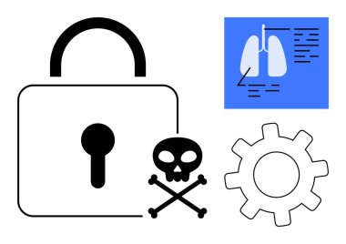 Kilit, kafatası ve çapraz kemikler, akciğer diyagramı ve dişli çarkı tıbbi alanlardaki siber güvenlik risklerini gösteriyor. Sağlık teknolojisi, veri güvenliği, risk yönetimi, biyoenformatik, sağlık hizmetleri için ideal