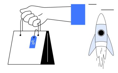 Yanında indirim etiketi ve roket fırlatan el çantası. E-ticaret, perakende başarı, yenilik, çevrimiçi alışveriş, satış büyümesi, dijital pazarlama ve ilerleme için ideal. Minimalist