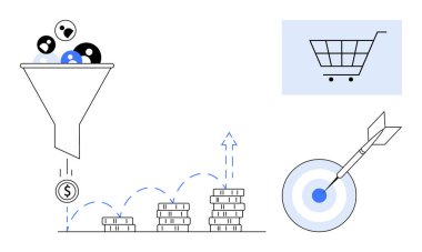 Para yığını, alışveriş arabası ve hedef tahtasına kurşun dönüşümünü gösteren huni. Pazarlama, satış, ecommerce, finansal büyüme analizi düzenleme amaçlı ROI için ideal. Basit düz