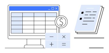 Izgara planlı bilgisayar ekranı, hesap makinesi işaretleri, dolar simgesi ve belgeler. Finans, bütçe, veri analizi, muhasebe raporlama hesaplama yönetimi için idealdir. Basit düz metafor