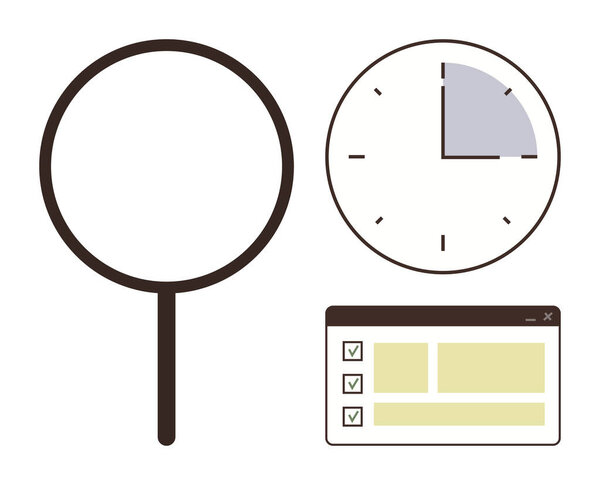 Увеличительное стекло, часы с частичным выделением времени и интерфейс контрольного списка, символизирующий анализ, производительность, отслеживание времени, управление задачами, распределение приоритетов, фокусировку и планирование. Идеал