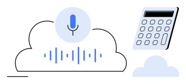 Bulut sembolünün üstündeki mikrofon, ses dalgaları ve ses veri depolama, bulut hesaplama ve dijital analitiği temsil eden hesap makinesi. Teknoloji, yapay zeka, yenilik, uygulamalar için ideal.