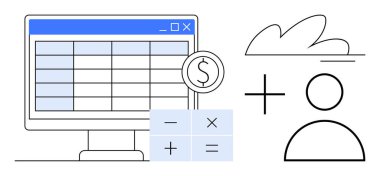 Bilgisayar ekranında dijital hesap tablosu, dolar işareti simgesi, bulut, profil çizgisi ve hesap makinesi sembolleri. Bütçe planlaması, veri analizi, çevrimiçi araçlar, bulut hesaplama kullanıcısı için ideal