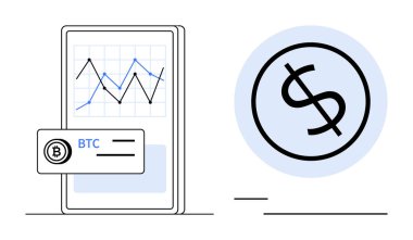 Mobil ekranda şifreli para birimi grafiği ve Bitcoin takas paneli gösterilir. Dolar sembolü finansal işlemleri temsil ediyor. Finans, yatırım, kripto para birimi, ticaret, teknoloji ve uygulama için ideal