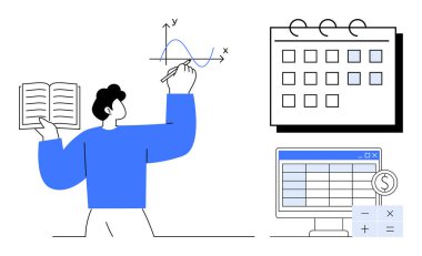 Elinde kitapla grafiği analiz eden kişi, yanında bir takvim ve hesap makineli bir hesap çizelgesi. Üretkenlik, araştırma, eğitim, zaman yönetimi, analitik ve iş finansmanı için ideal. Basit.