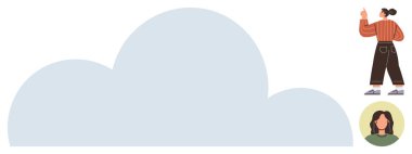 Profil simgesi olan büyük bulutu işaret eden kadın çevrimiçi alan veya veri depolama alanındaki etkileşimleri sembolize ediyor. Teknoloji, bulut hesaplama, iletişim, sosyal ağ, takım çalışması için ideal