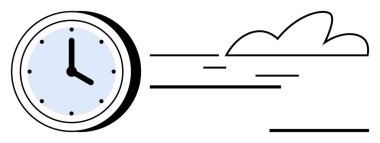 Bulut boyunca hız çizgileri olan saat yüzleri, zamanı, aciliyeti, ilerlemeyi ve verimliliği gösteriyor. Teslim tarihleri, zaman yönetimi, hız, üretkenlik iş akışı yeniliği için ideal basit düz