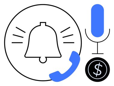 Bir telefon alıcısı, bir mikrofon ve iletişimi, uyarıları, geliri ve verimliliği vurgulayan bir dolar para ikonu. Pazarlama ve bütçe ödemeleri için ideal