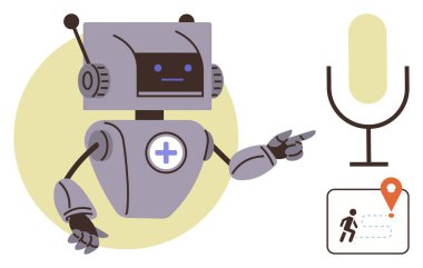Robot, ses tabanlı yapay zekayı, navigasyon sistemini ve sanal yardımı temsil eden bir mikrofon ve navigasyon haritasına işaret ediyor. Yapay zeka, otomasyon, ses komutu, yenilik, akıllı teknoloji için ideal