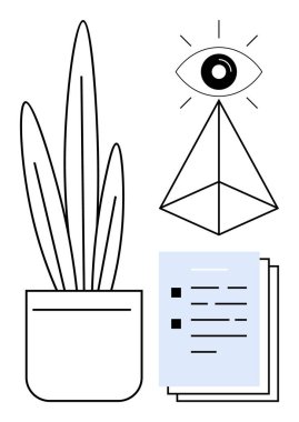 Geometrik piramidin yanında saksı bitkisi, üzerinde bir göz sembolü ve bir yığın belge var. Farkındalık, yaratıcılık, üretkenlik, organizasyon, ilham, strateji, minimalizm, basit