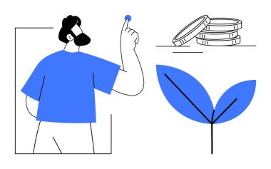 Bozuk para tutan adam, bitki yetiştiren adam, bozuk para yığını. Finans, büyüme, yatırım, zenginlik yönetimi, sürdürülebilirlik tasarrufu için ideal. Basit düz metafor