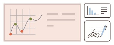 Yukarı doğru eğilimli grafikler, veri noktaları, bar çizelgesi ve imza kalem darbesi. Analiz, iş, finans, sunum, belgeler, strateji eğitimi için ideal basit düz metafor