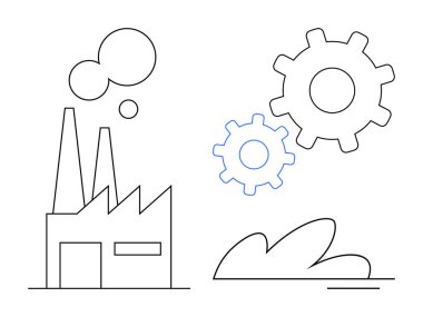 Üretimi, otomasyonu ve üretkenliği temsil eden büyük dişli çarkların yanında duman çıkaran fabrika binası. Endüstri, teknoloji, yenilik, mühendislik, ekonomik büyüme süreci için ideal