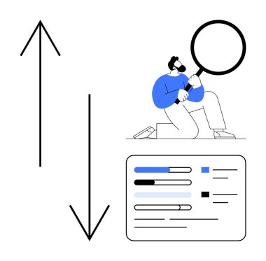 Elinde bir büyüteç tutan kişi, yukarı ve aşağı eğilimleri gösteren oklarla baro çizelgesini inceliyor. Analiz, büyüme izleme, araştırma, piyasa çalışması, strateji, iş planlaması için ideal