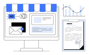 Bilgisayar ekranında reklamlar, e-postalar ve mağaza önü panosu altında pazarlama stratejilerini gösteren imzalı analitik sözleşme grafikleriyle çevrimiçi profiller gösteriliyor. İş için ideal