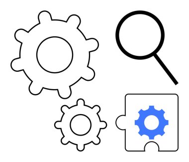 İki vites bir büyüteçle birbirine kenetlenmiş ve bir dişli ikonu olan bir yapboz parçası. Kavram için ideal başparmak takım çalışması, verimlilik, süreç iyileştirme, strateji, araştırma, sorun çözme