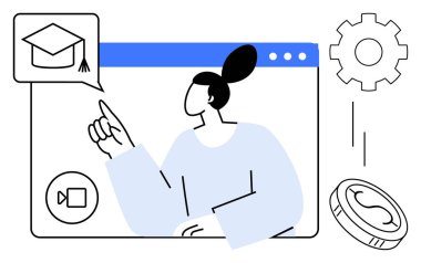 Mezuniyet başlığı simgesini web arayüzü içinde gösteren bir kadın, teçhizat, görüntülü konuşma, dijital para. Eğitim, e-öğrenim, uzaktan çalışma, yenilik, teknoloji kariyeri büyümesi için ideal basit