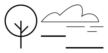Ağaç ana hatları, bulut ve yatay çizgiler basit, doğadan esinlenilmiş bir sahne oluşturuyor. Doğa, çevre, denge, basitlik, sürdürülebilirlik, soyut tasarım için idealdir. Temiz ve basit bir daire