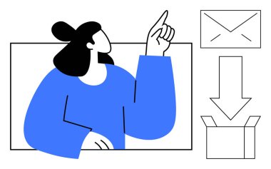 Elini kaldıran kadın, mesajı temsil eden zarf, kutuyu gösteren ok. İletişim, lojistik, çevrimiçi hizmet, iş akışı, dağıtım, e-ticaret takım çalışması için ideal basit düz metafor